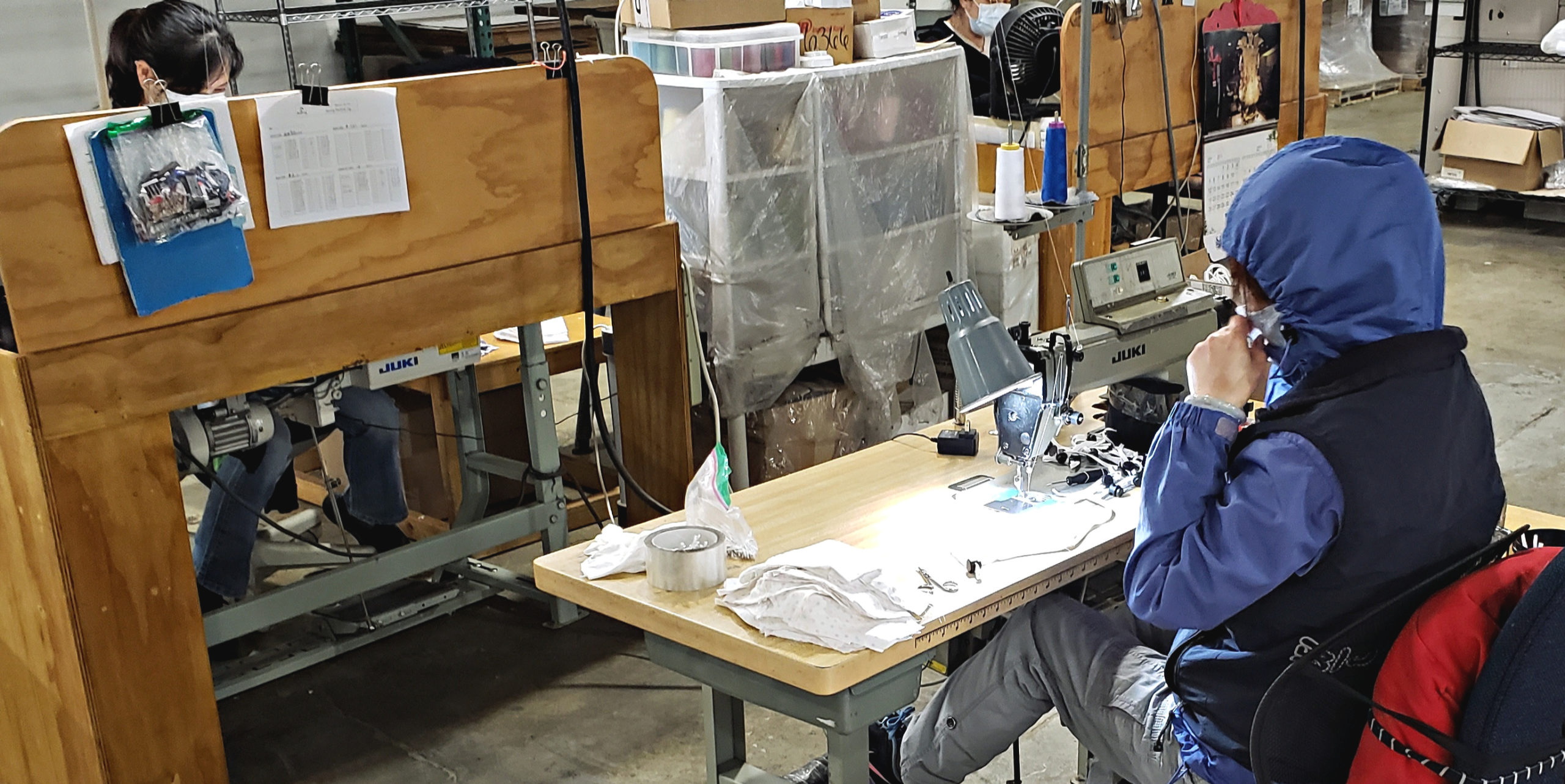 Sewers working on DistanZ Health Masks at sewing stations